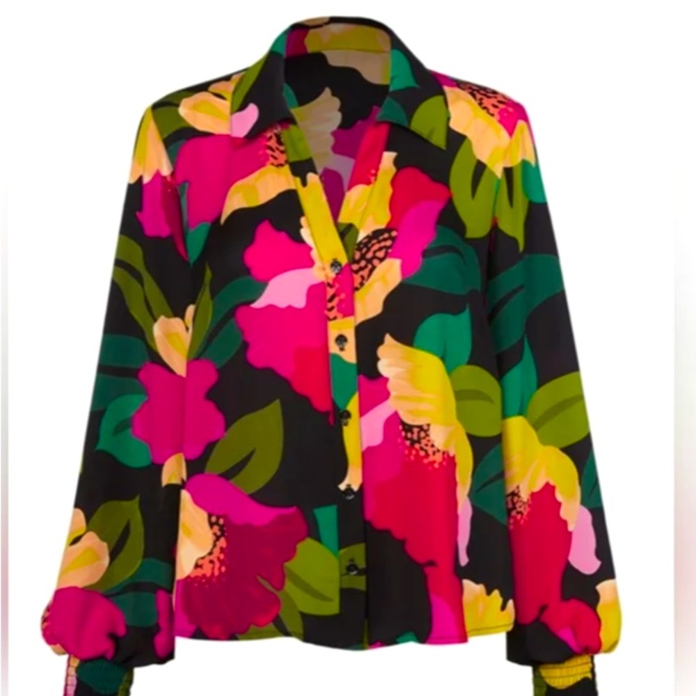 CAbi Bold Floral Button-Up Blouse in Black, Pink, Yellow, Green